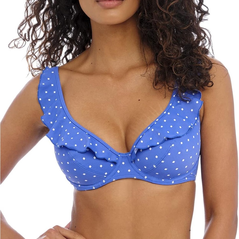 Freya Ruffled Jewel Cove Bikini Top in Blue Azure Underwire NWT